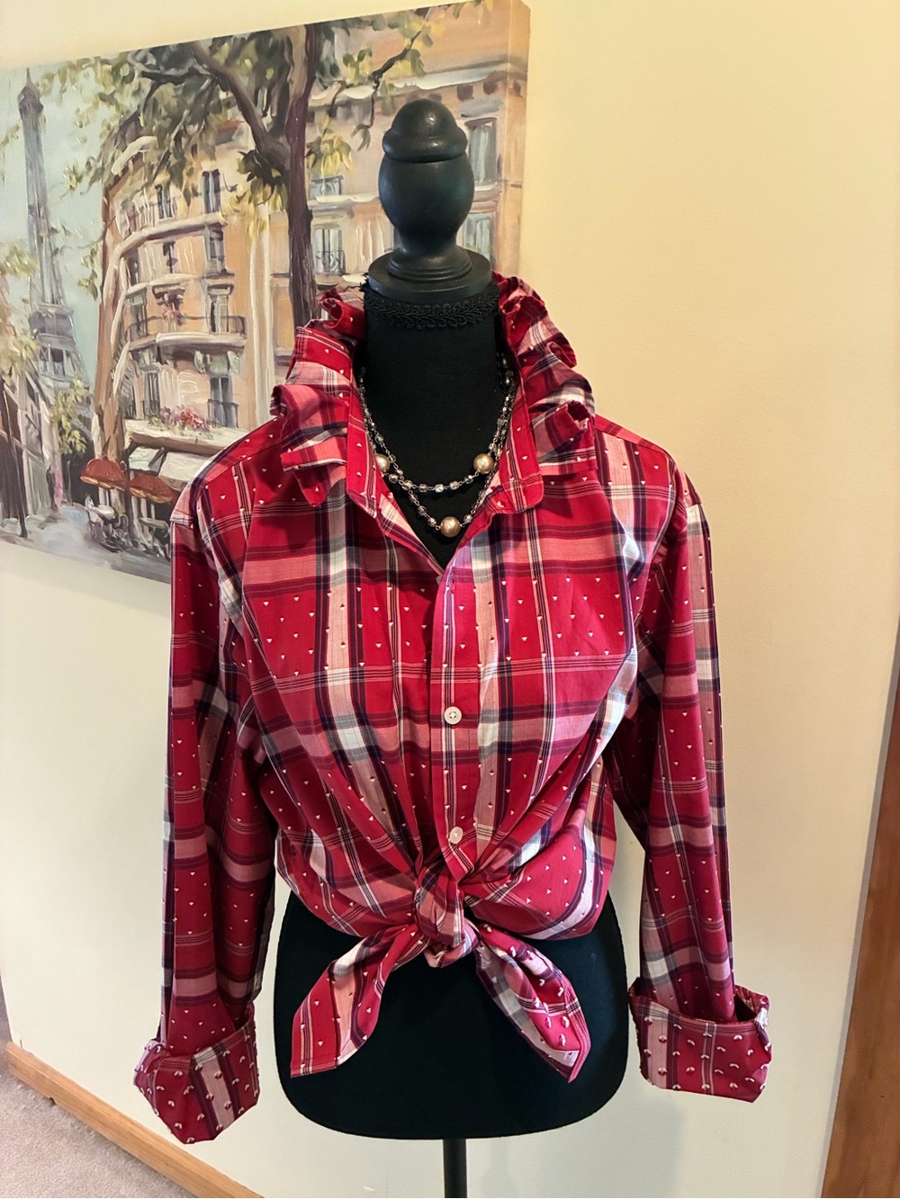 Club Room Red Plaid ruffle collar Shirt